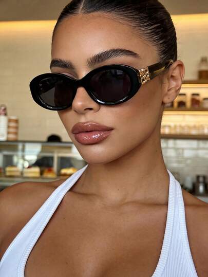 Black Oval Plastic Retro Sunglasses, Classic Style For Outdoor, Travel, Beach, Casual Wear, Summer Sun Protection, Driving, UV Protection Unisex Sunglasses