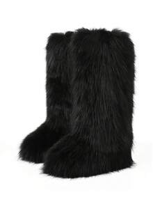 Furry Fluffy Women Mid Calf Boots Warmplush Knee High Flats Luxury Fashion Punk Goth Cosplay Women Winter Shoes For Halloween - màu đen - Xem 4