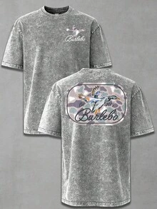 Burleb Camo Duck Est 2015 Hunting Wash Cotton Vintage Distressed Oversized Graphic Tee Men's Short Sleeve Pure Cotton T-Shirt Loose Fit, Retro Outdoor Streetwear Vintage Casual Hunting Aesthetic Baggy 100% Cotton Pullover Gift - 灰色 - 查看 1