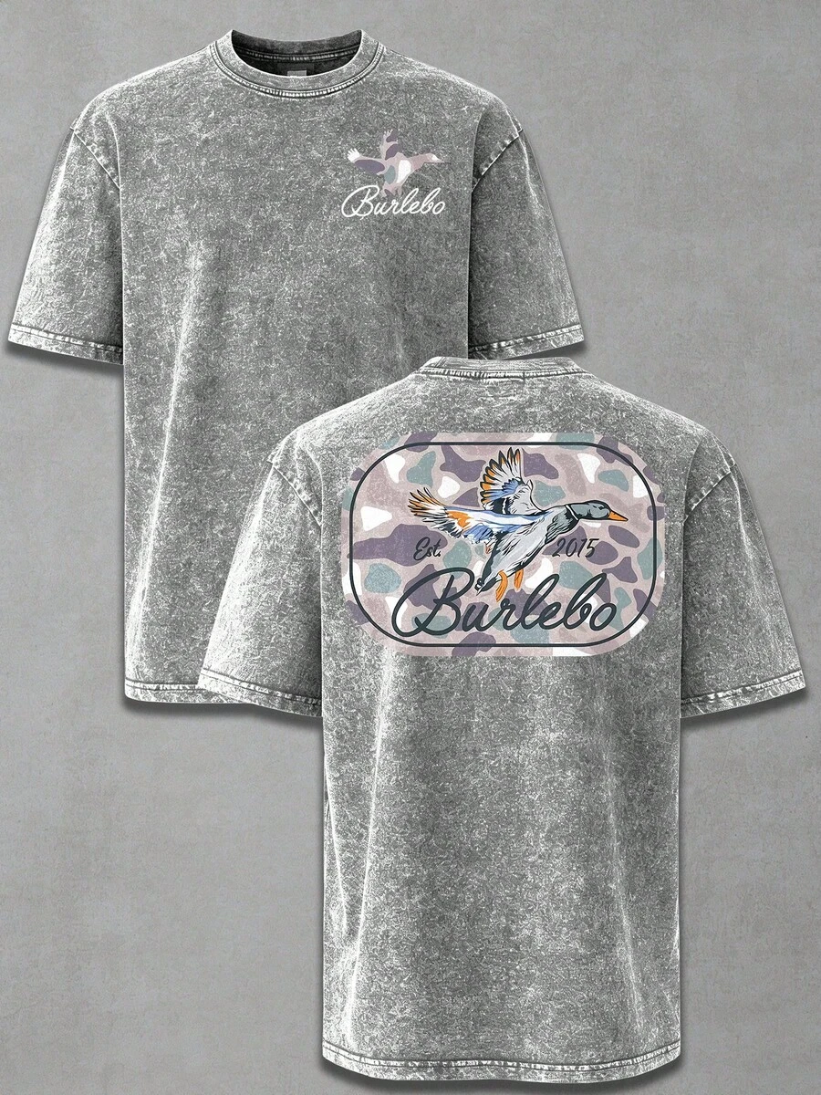 Burleb Camo Duck Est 2015 Hunting Wash Cotton Vintage Distressed Oversized Graphic Tee Men's Short Sleeve Pure Cotton T-Shirt Loose Fit, Retro Outdoor Streetwear Vintage Casual Hunting Aesthetic Baggy 100% Cotton Pullover Gift - 灰色 - 查看 1