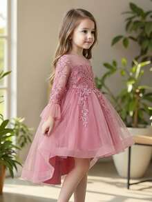 Modisches, süßes Kleid mit floraler Stickerei, Pailletten und weiten Ärmeln, hohe Taille, geeignet für Geburtstagsfeiern, Feiertage, Hochzeiten, Fotografie, Frühling/Sommer/Herbst/Winter - Pink - Übersicht 6