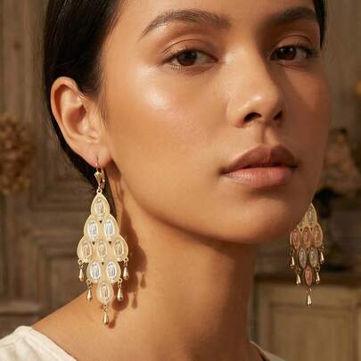 一对/两件装波西米亚风夸张个性混色铜质瓜达卢佩圣母吊坠耳环，轻盈奢华气质流苏长款耳环，宗教信仰灵感珠宝，是教堂祈祷和节日礼物的完美之选。