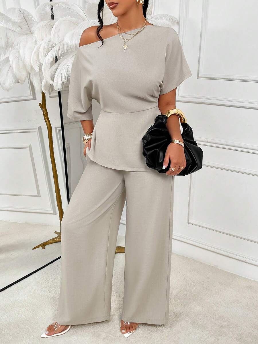 AIJ Amarilo Women's Fashion Woven Cotton-Linen Blend Asymmetrical Neck Batwing Sleeve Top & Wide Leg Pants Two Pieces Set – Ideal For Spring Break, Wedding Guest, Office & Spring Party Looks - Apricot - View 1