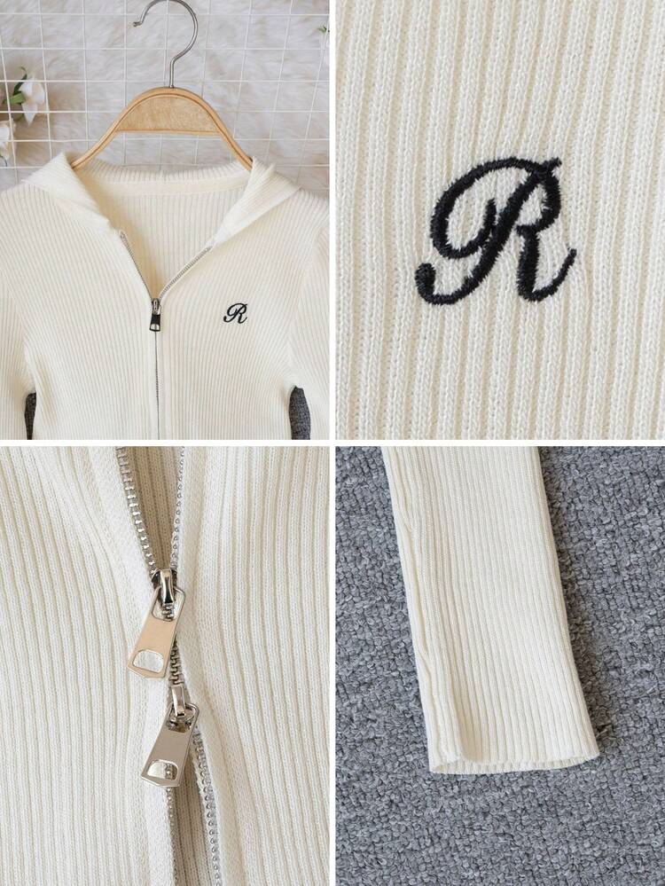 ベージュ無地リブニットパーカー - エレガント、控えめ、セクシー、スウィートカジュアルストリートY2Kスタイル長袖ジップアップ刺繍フィットクロップドニットトップと女性用カーディガン | 若い女性、レディース、スウィートガール、Y2Kガール、セクシーガールに適しています。バレンタインデー/女性の日/母の日/カジュアルな集まり/ビーチバケーション/パーティー/入学/結婚式シーズン/音楽祭/2026年可愛いパーカー付きボーダーニットセーター - アプリコット - 見る 9