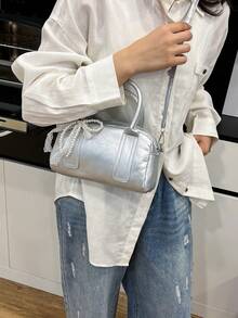Fashionable Handbag For Women, Retro Versatile Shoulder Bag, Minimalist Boston Tote Bag, Chic Bow Decor Crossbody Bag - Silver - View 11