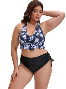 1 Conjunto Maiô Modesto de Duas Peças, Maiô Esportivo Estampado Preto Plus Size para Verão - Preto - Visão 3