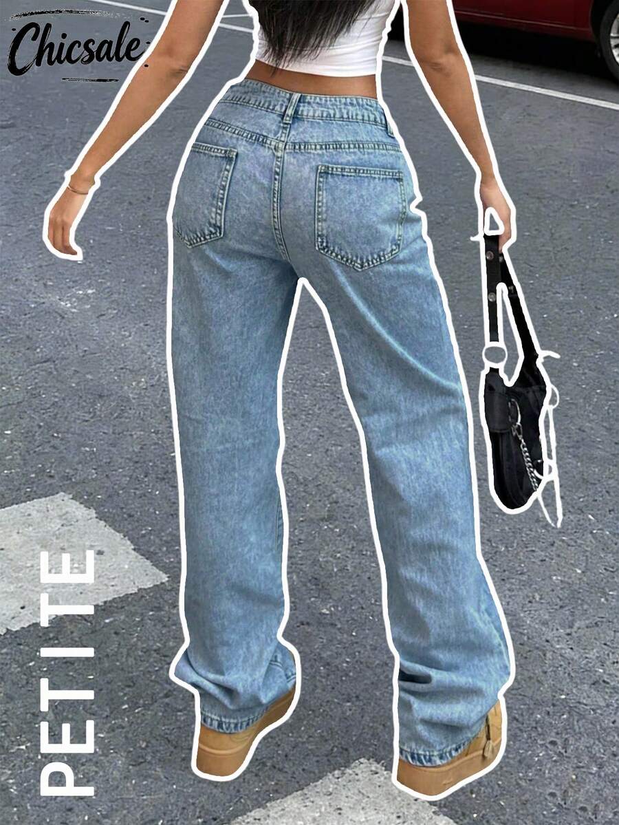 Quần jeans ống rộng denim mài bạc màu dáng petite dành cho nữ, thích hợp mặc hàng ngày vào mùa xuân. - Rửa trung bình - Xem 1