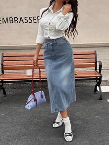 Chân váy denim nữ có thiết kế cạp chun và xẻ tà bên hông, thời trang thường ngày, đa năng. - Rửa trung bình - Xem 7