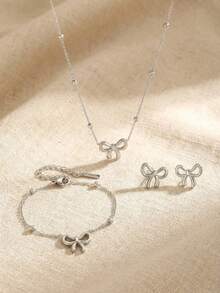 Set de 2 piezas/3 piezas/4 piezas de collar con colgante de lazo elegante de plata, pulsera con decoración de lazo, aretes de lazo, conjunto de joyería para fiestas y eventos - Plateado - Ver 2