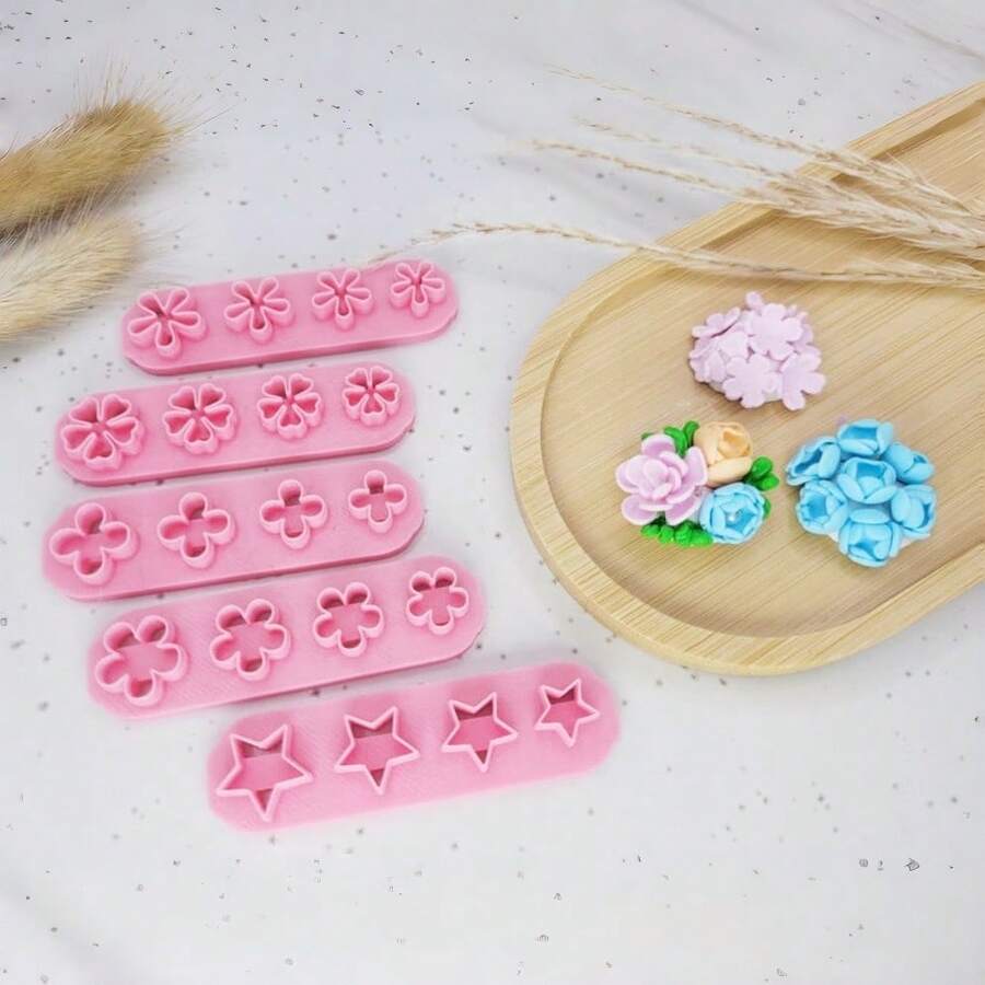 1/5pcs Mini Flower & Star Shaped Polymer Clay Cutters, Pink Flower & Star Design, Handcraft Tools For DIY Nail Art, Earrings And Jewelry Making - Pink - View 1