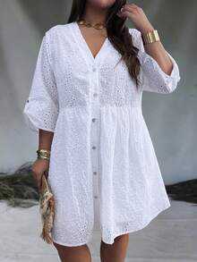 大码女式夏季休闲度假纯色镂空刺绣连衣裙，春夏连衣裙，白色优雅开衫连衣裙 - 白色 - 查看 5