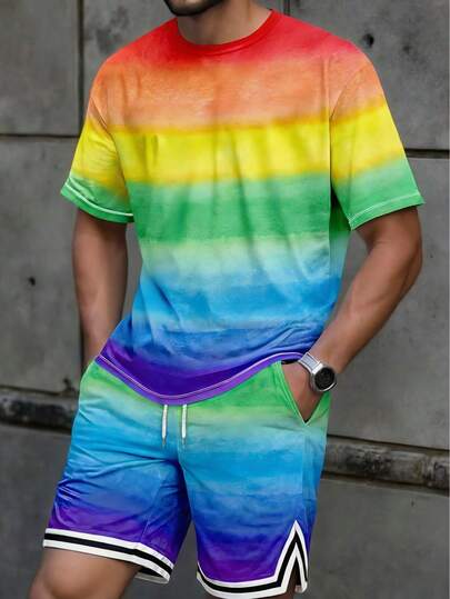 Men's Rainbow Print Short Sleeve T-Shirt And V-Neck Shorts Beach Outfit, Suitable For Summer