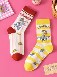 Noctvar OBM Sleepwear X TOM & JERRY 2双猫鼠图案女士中筒袜，可爱卡通爱心设计，趣味老鼠时尚夏季男士袜子，透气休闲船袜，卡通图案，适合学生/成人作为礼物和日常穿着，情侣款 - 彩色 - 查看 4