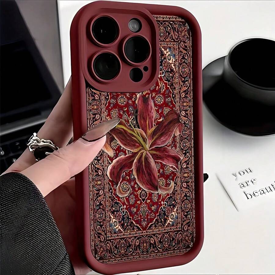 Flower 1pc Burgundy Matte Gradient Floral Pattern Phone Case, Compatible With IPhone 16 Pro Max, 17/16/15/14 Plus, 13/12/11, Air, And Series - Multicolor - View 1