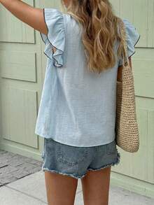 Standard Size Women's Colorblock Cap Sleeve Cutout Neck Cap Sleeve Casual Vacation Shirt, Spring/Summer - Baby Blue - View 5