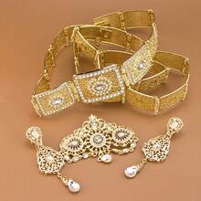 Bộ trang sức cưới sang trọng và tinh tế kiểu Ma-rốc châu Phi, bao gồm thắt lưng kim loại, trâm cài khắc họa tiết, bông tai dài hình giọt nước, trang trí đá quý vàng, thắt lưng điều chỉnh được, trâm cài khăn choàng cổ, dây tua rua trang trí, bông tai hoa Ả Rập rỗng, trang sức dự tiệc cung điện thời Trung cổ châu Âu. - Bộ - Xem 14