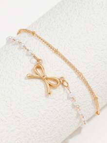 A Single Piece Of Double-Layer Iron Chain Pendant, Faux Pearl, Handmade Chain Anklet, A Double-Layer Thin Faux Pearl Chain Anklet With A Bow, Sexy And Elegant, Perfect For Vacation And Everyday Wear - Multicolor - View 5