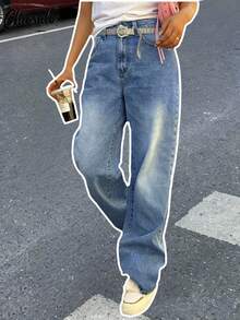 欧美复古街头蓝色阔腿牛仔裤女长裤 - 中等水洗藍 - 查看 1