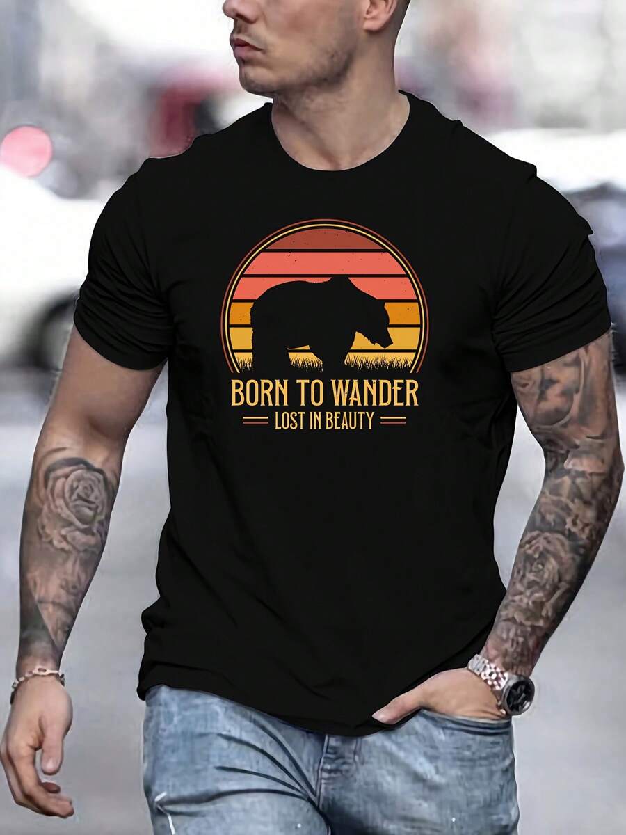 Camiseta Gráfica 'Lost in Beauty' para Hombre - Camiseta Casual de Algodón con Cuello Redondo para Primavera. Verano; Otoño - Negro - Ver 1