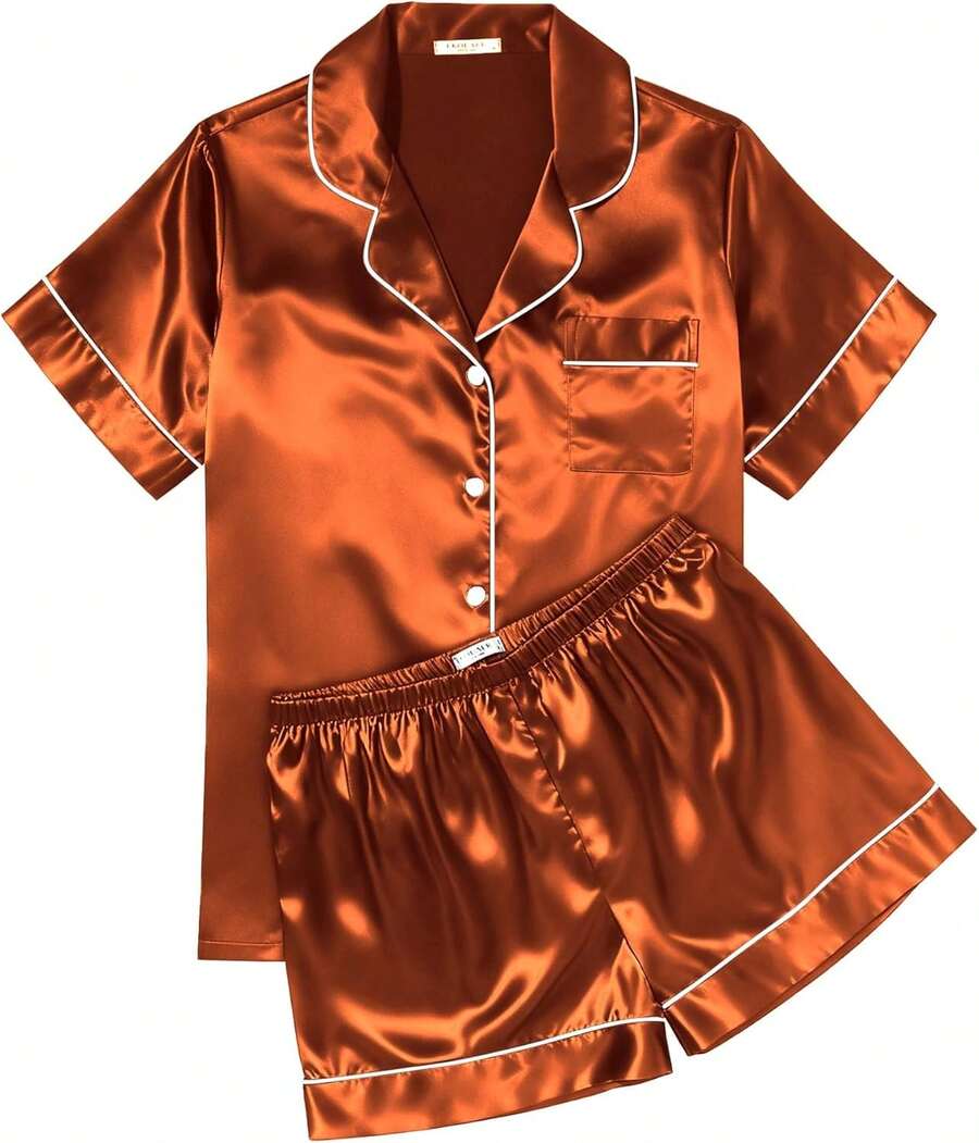 ¡Recomendado¡Conjunto de Pijama de Seda Satinada para Mujer , Suave, de Manga Corta, con Botones, Top y Pantalones Cortos, Conjunto de 2 Piezas para Dormir y Relajarse, Tallas S-XXL¡Top de Temporada! - Caramelo - Ver 1