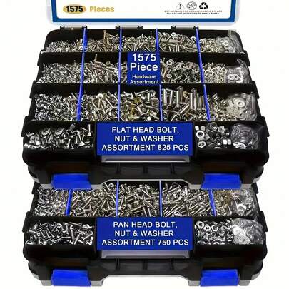 1575Pcs Heavy Duty Stainless Steel Hardware Kit - Pan/Flat Head Bolts With Nuts Washers & Organizer Box