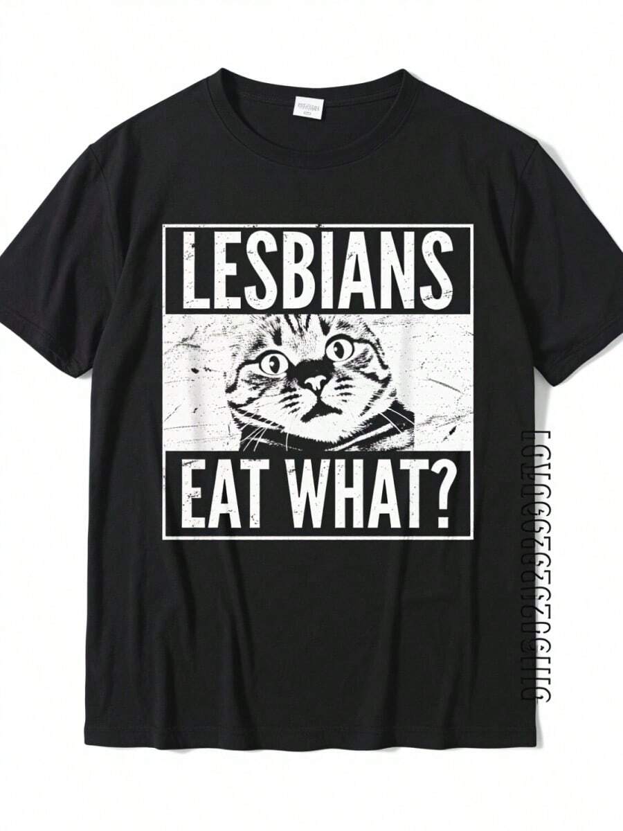 Funnysss Lesbians Eat What Cat Kitten LGBT Humor T-Shirt Top T-Shirts T Shirt Hip Hop  Design Man  Shirts For - 黑色 - 查看 1