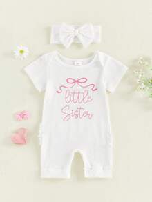 Conjunto de 2 piezas para bebé niña: pelele de cuello redondo, manga corta, estampado de letras, tejido acanalado y diadema con lazo. - Blanco - Ver 6