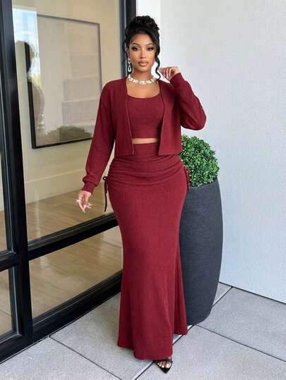 BIUBIU Plus Size Women 3 PiecesSet: Strapless Crop Top & Long Skirt, Stretchy & Suitable For All Seasons