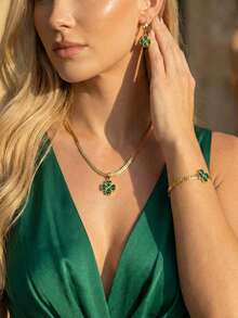 4件套不锈钢镀金四叶草项链、耳环、手链首饰套装，适合女性和情侣佩戴，复古时尚街头风派对配饰（OPP袋包装） - 金黃色 - 查看 6