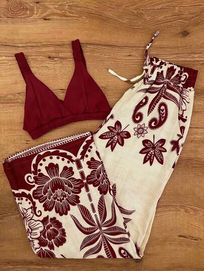 Women's Vintage Apricot High Waist Wide Leg Flowy Loose Casual Pants With Red Ditsy Floral, Lightweight For Spring/Summer