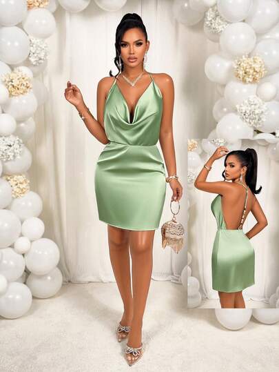 AIJ Amarilo Women's Short Satin Mini Dress, Sexy Plunging V-Neck Design, Sleeveless Off-Shoulder Backless With Chain Decor, Suitable For Vacation, Party, Wedding And Banquet