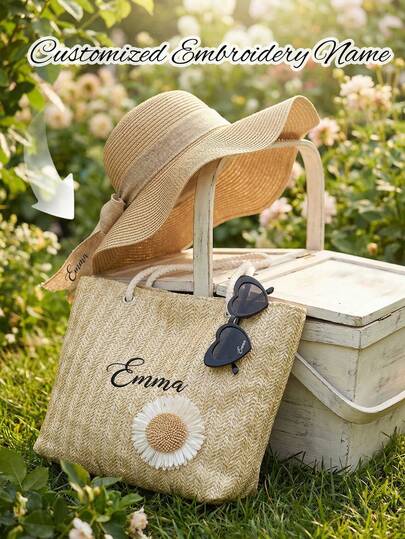 Bộ túi xách đi biển dệt thủ công thêu tên theo yêu cầu, kèm kính thời trang hình trái tim và mũ cỏ nơ, túi đeo vai dung tích lớn, túi xách tay thủ công thời trang phong cách Bohemian, mũ che nắng mùa hè, mũ sóng chống nắng khi đi du lịch, kính thời trang hình trái tim dành cho nữ, kính râm ôm sát, thích hợp cho kỳ nghỉ biển, vật dụng cần thiết khi đi du lịch và khi trở lại trường học.