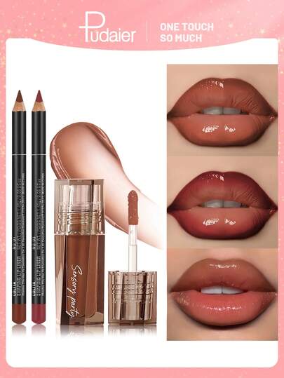 Pudaier Set de 3 piezas de brillo labial hidratante y delineadores de labios - Define tus labios con precisión 3D, logra un aspecto brillante para cualquier ocasión, perfectamente versátil para cualquier estilo de maquillaje