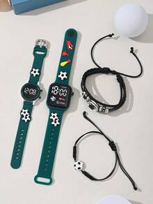 4 estilos de relojes digitales cuadrados LED para niños, adecuados para decoración con tema de fútbol. Estas pulseras y relojes electrónicos son apropiados para usar durante la temporada de regreso a clases. - Verde militar - Ver 2