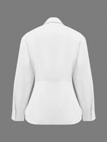 女士优雅衬衫，独特收腰钩扣设计，长袖办公衬衫，百搭日常上衣，春季白色 - 白色 - 查看 2