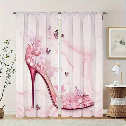 2pcs Set Pink High Heel & Floral Print Polyester Curtains - Rod Pocket Design For Easy Hanging, Light Filtering Home Decor For Bedroom, Office, Kitchen, Living Room, And Study