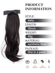 女士合成编织假发，带蝴蝶结和波点装饰，马尾辫带发夹，自然蓬松，增加发量，低马尾假发，爪夹，发卡 - 彩色 - 查看 4