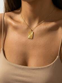 1pc Stainless Steel Geometric Pattern Golden Sunburst Striped Rectangular Pendant Elegant Bridesmaid Necklace, Wedding Jewelry Gift For Women - Gold - View 2