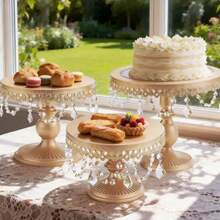 3Pcs Antique Cake Stand Set - Round Metal Cupcake Stands With Pendants And Beads - Elegant Dessert Display, For For Wedding, Birthday Party Decor - Rượu sâm banh - Xem 9