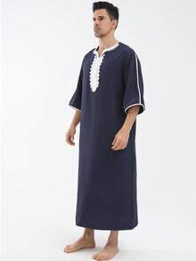 New Arrival Black Loose Casual Muslim Three-Quarter Sleeve Men's Robe, Middle Eastern Leisure Long Robe - Navy Blue - View 3