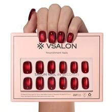Press On Nails Short Square - Burgundy Red Eye Glitter Nails, Reusable Opaque Gel Magnetic Effect Fake Nails With Glue Cuticle Oil - 32 PCS In 16 Sizes Valentines Gifts Women - C1-1-Màu đỏ anh đào - Xem 6