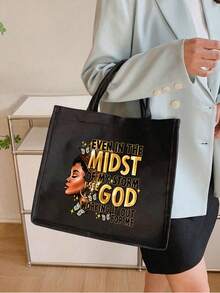 两件套轻便手提包和配套化妆包，“即使在风暴中”人像印花，易清洁面料，带多个口袋，适合购物、旅行、海滩、教师节礼物等场合，女士大容量亚麻手提包。这款便携休闲收纳手提包设计新颖，容量大，是理想的购物袋。 - 彩色 - 查看 4