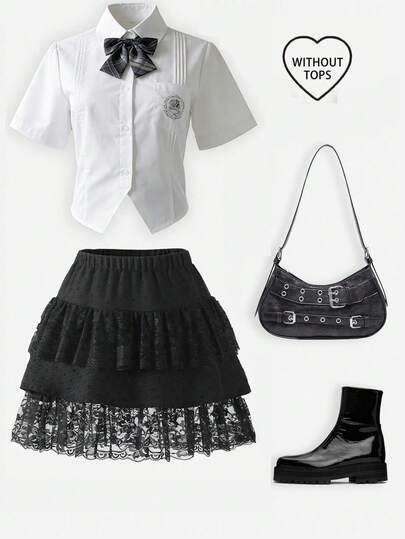 1件装 女童户外休闲百搭暗黑洛丽塔风多层蕾丝波点提花甜美清爽小众设计针织迷你裙，夏季