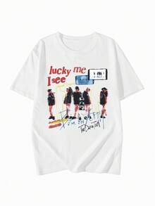 2026夏季新款女式圆领休闲宽松美式涂鸦印花英文字母图案街头百搭短袖T恤，1件装 - 白色 - 查看 5