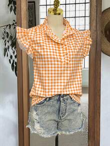 Áo sơ mi ngắn tay kẻ caro màu cam và trắng tươi tắn, ngọt ngào dành cho nữ, thiết kế nửa mở phía trước, toát lên vẻ trẻ trung, năng động, thích hợp cho mùa xuân/hè. - trái cam - Xem 5