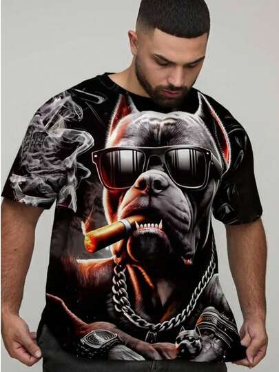 男士3D印花破洞狗牌图案短袖T恤 - 透气夏季圆领，略带弹性，适合户外运动和休闲穿着，可机洗 - 男士理想礼物，休闲服饰