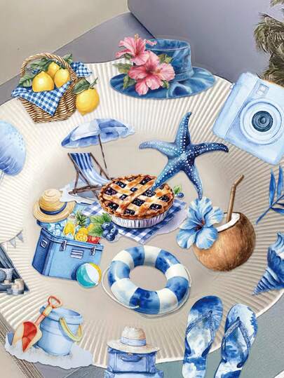 50pcs Blue Tone Summer Beach Stickers, Suitable For Scrapbooking, Notebooks, Phone Cases, Skateboards, Luggage, Refrigerators, Holiday Gifts Scrapbook Supplies Stationery Funny Stickers Kindle