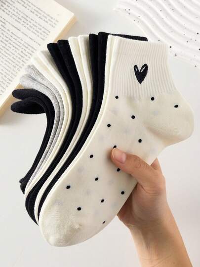 5 Pairs Heart, Bow, Polka Dot Patterned Black & White Women's Ankle Socks, Fashionable, Comfortable, Breathable, Suitable For Spring/Summer