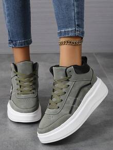 Fashion Casual Women's Flat Platform Shoes Classic Stylish Women's Lace-Up Athletic Skateboard Sneakers Women's Casual Thick Sole Sneakers - Military Green - View 3