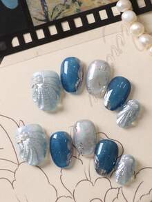 10pcs Acrylic Press On Nails Blue Nails Cat's Eye Water Droplet Starfish Nails Press On Fake Nails Short Office DailyWear False Nails Artificial Nails Kit Includes 1sheet Adhesive Tabs &1 Pc Mini File - Multicolor - View 3